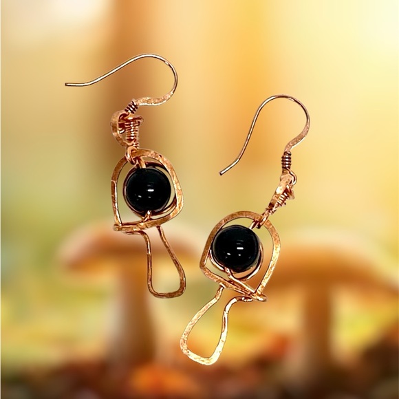 HANDMADE Mushroom Black Onyx and Hand Wrapped Bare Copper Dangle Earrings - Picture 5 of 9